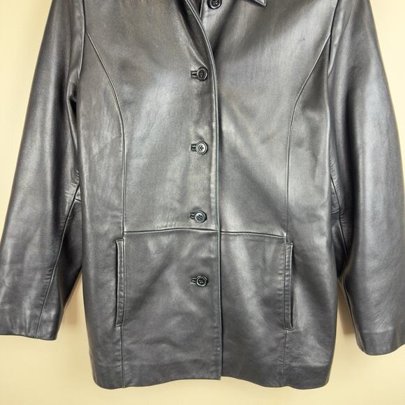 Petite Sophisticate Black Leather Blazer Jacket Women’s Size M Button Front - Picture 2 of 14